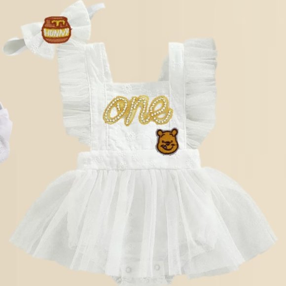 Classic Winnie the Pooh First Birthday Romper Dress Clothes Outfit Bow White